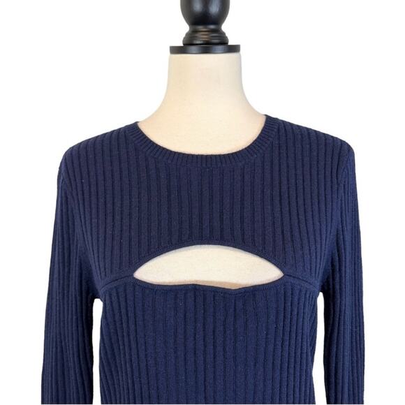 Frame Overlap Ribbed Sweater Blue Merino Wool Cutout Long Sleeve, Size Medium - Picture 2 of 8